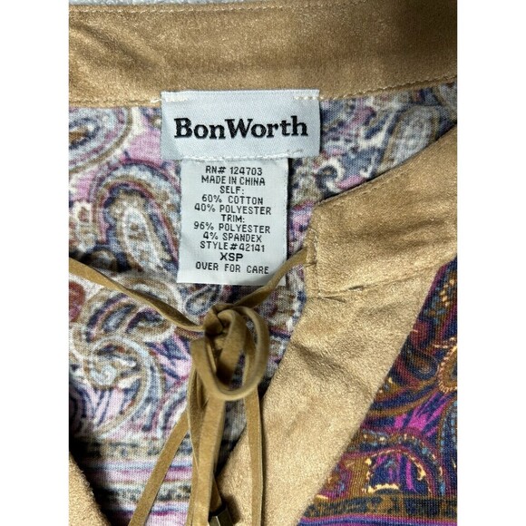 BonWorth XS Petite Boho Paisley Top Multicolor Suede Trim Blouse 3/4 Sleeve NWT - Picture 7 of 10